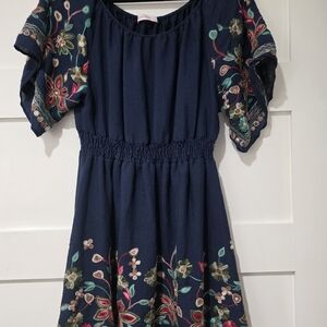 Girls Navy Floral-Embroidered Casual Dress